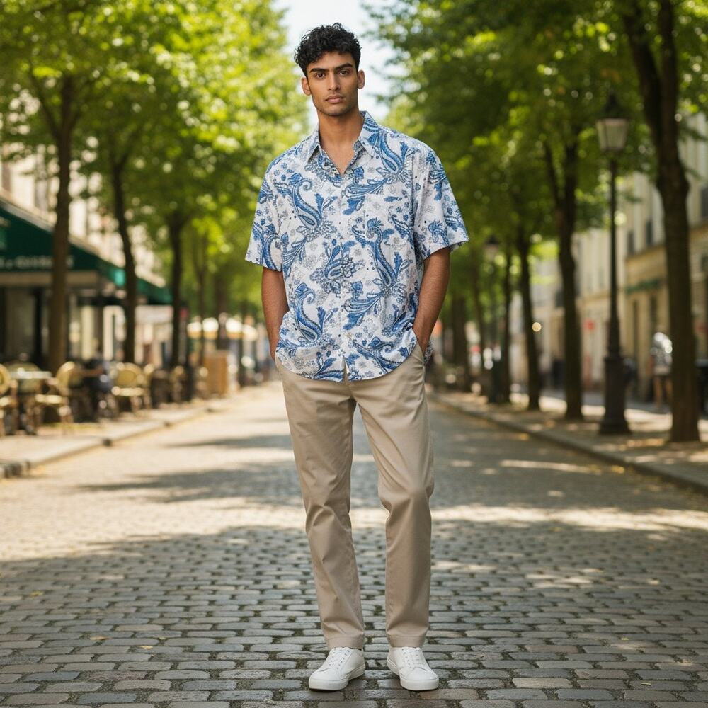 Abercrombie Blue White Paisley Button Up Short Sleeve Shirt Mens Medium Vacation